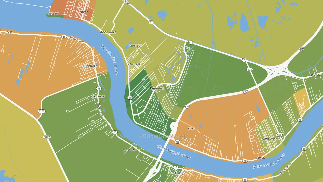 Destrehan, LA Map of Robbery Rates