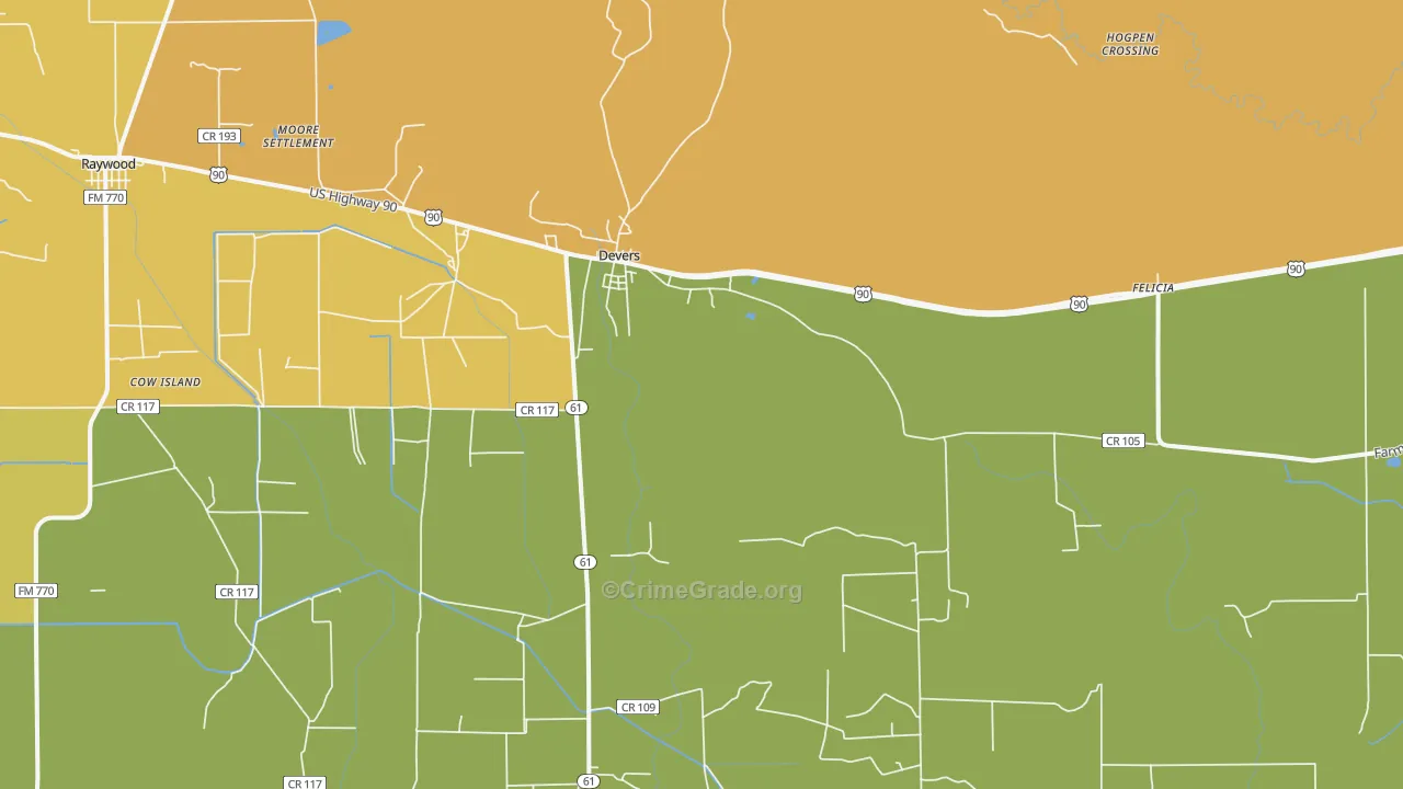 Devers, TX Map of Robbery Rates