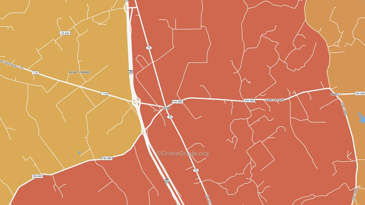 Dew, TX Map of Robbery Rates