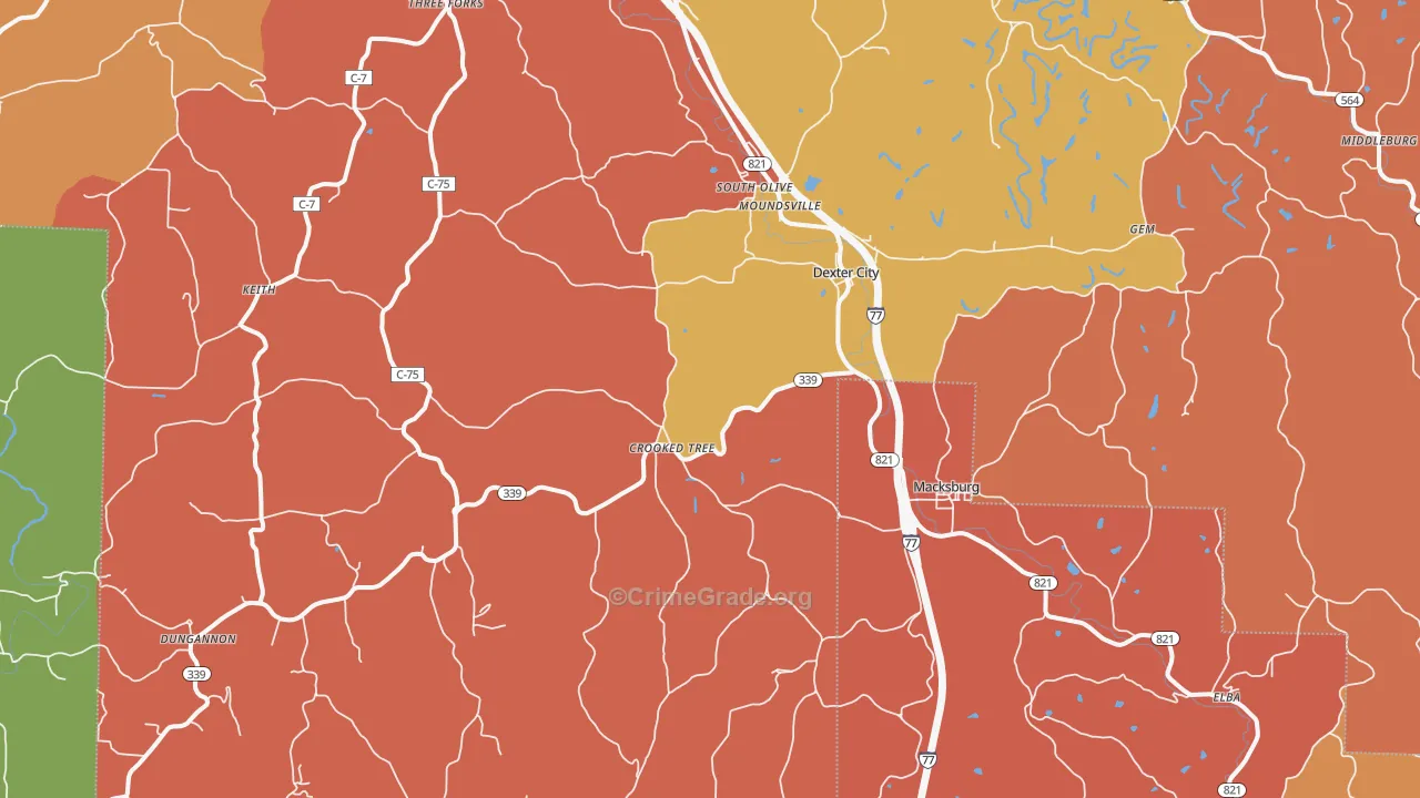 Dexter City, OH Map of Robbery Rates