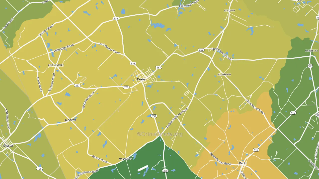 Dexter, GA Map of Robbery Rates