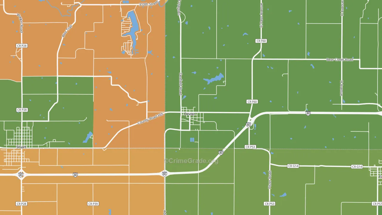 Dexter, IA Map of Robbery Rates