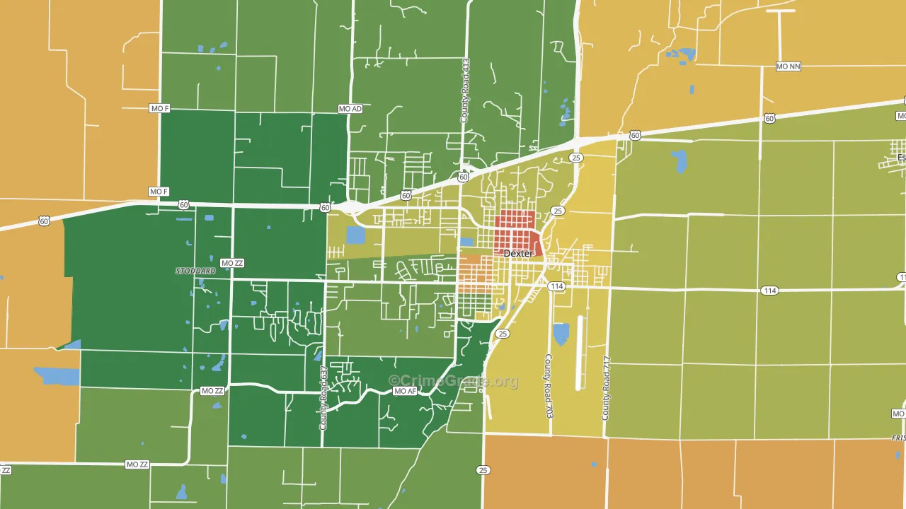 Dexter, MO Map of Robbery Rates