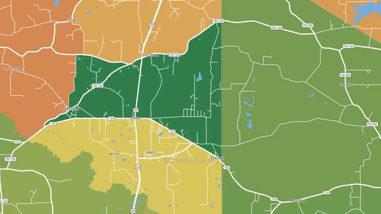 Diana, TX Map of Robbery Rates