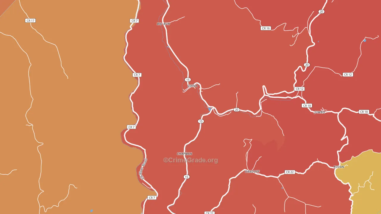 Diana, WV Map of Robbery Rates