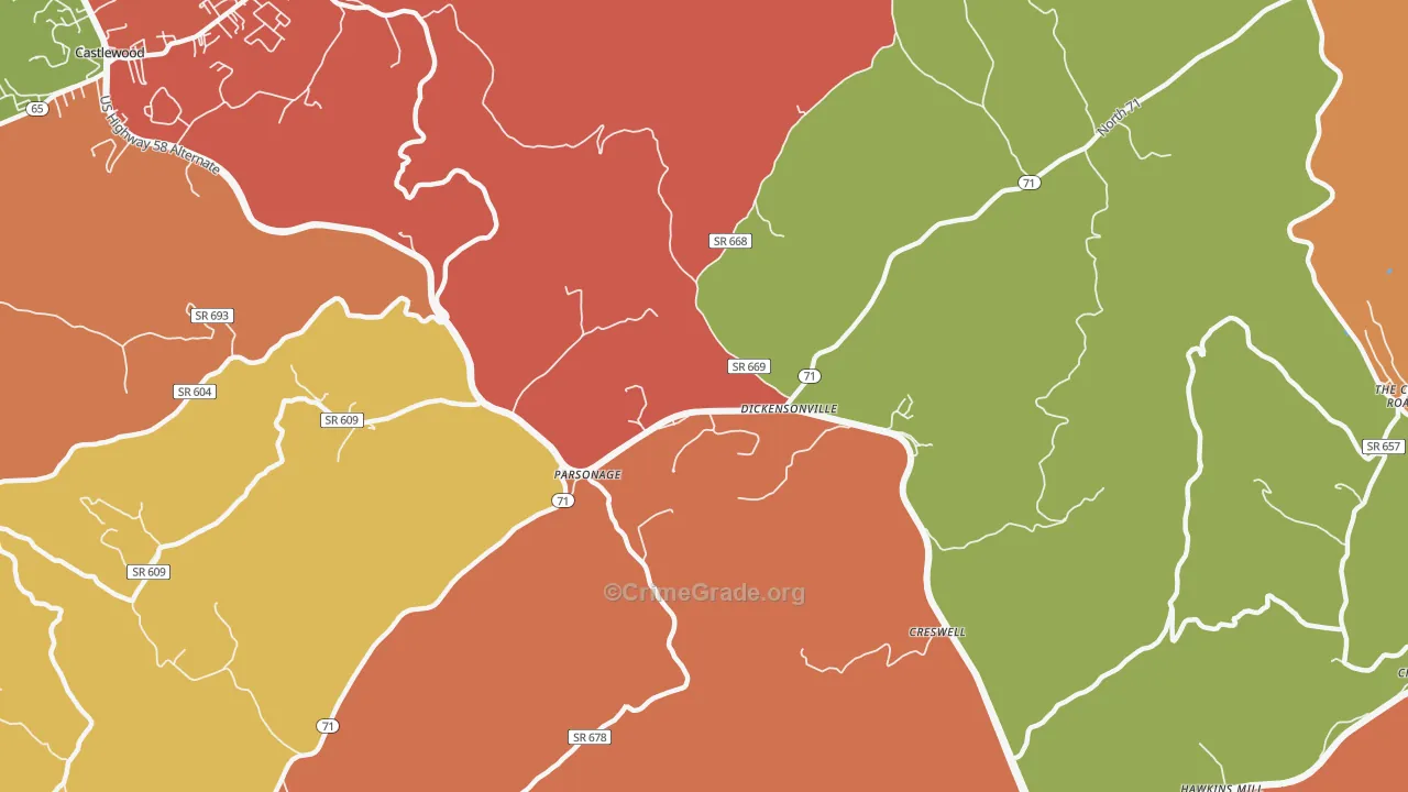 Dickensonville, VA Map of Robbery Rates