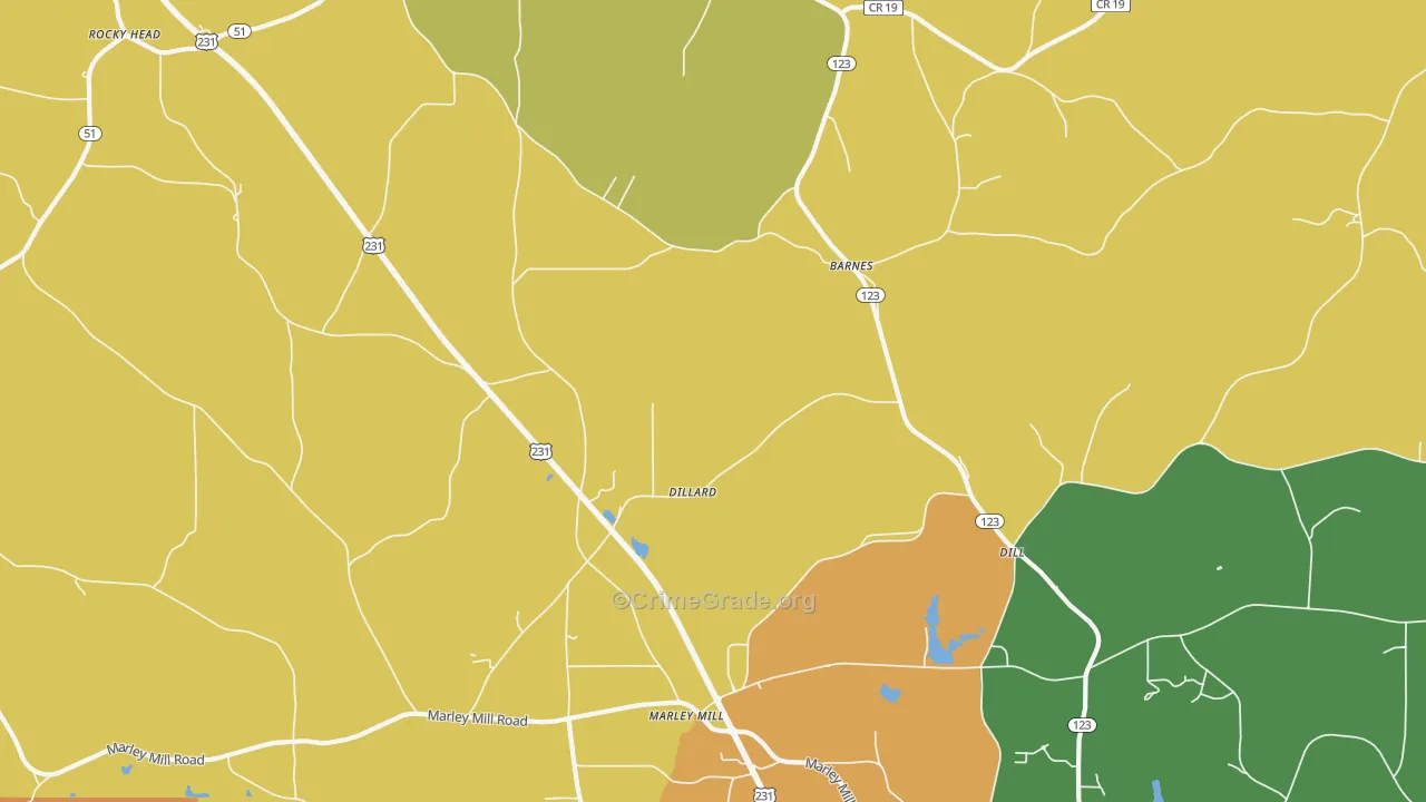 Dillard, AL Map of Robbery Rates