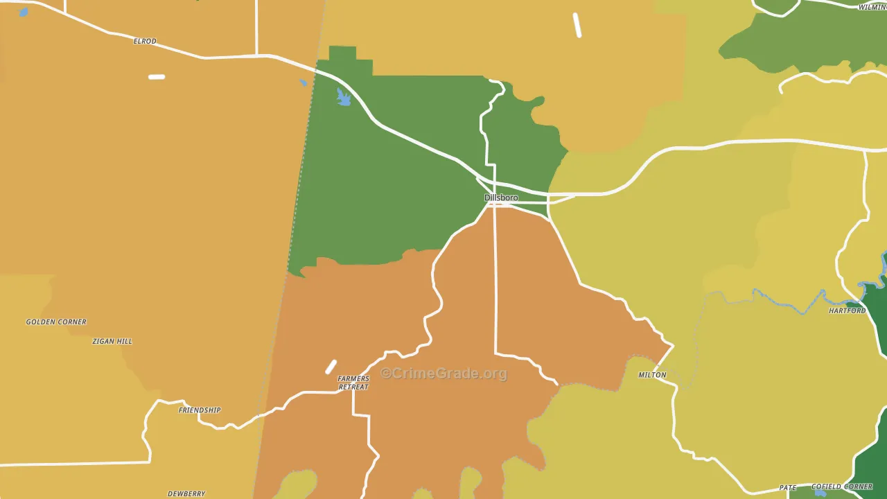 Dillsboro, IN Map of Robbery Rates