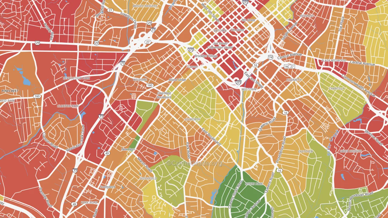 Dilworth, Charlotte, NC Map of Robbery Rates