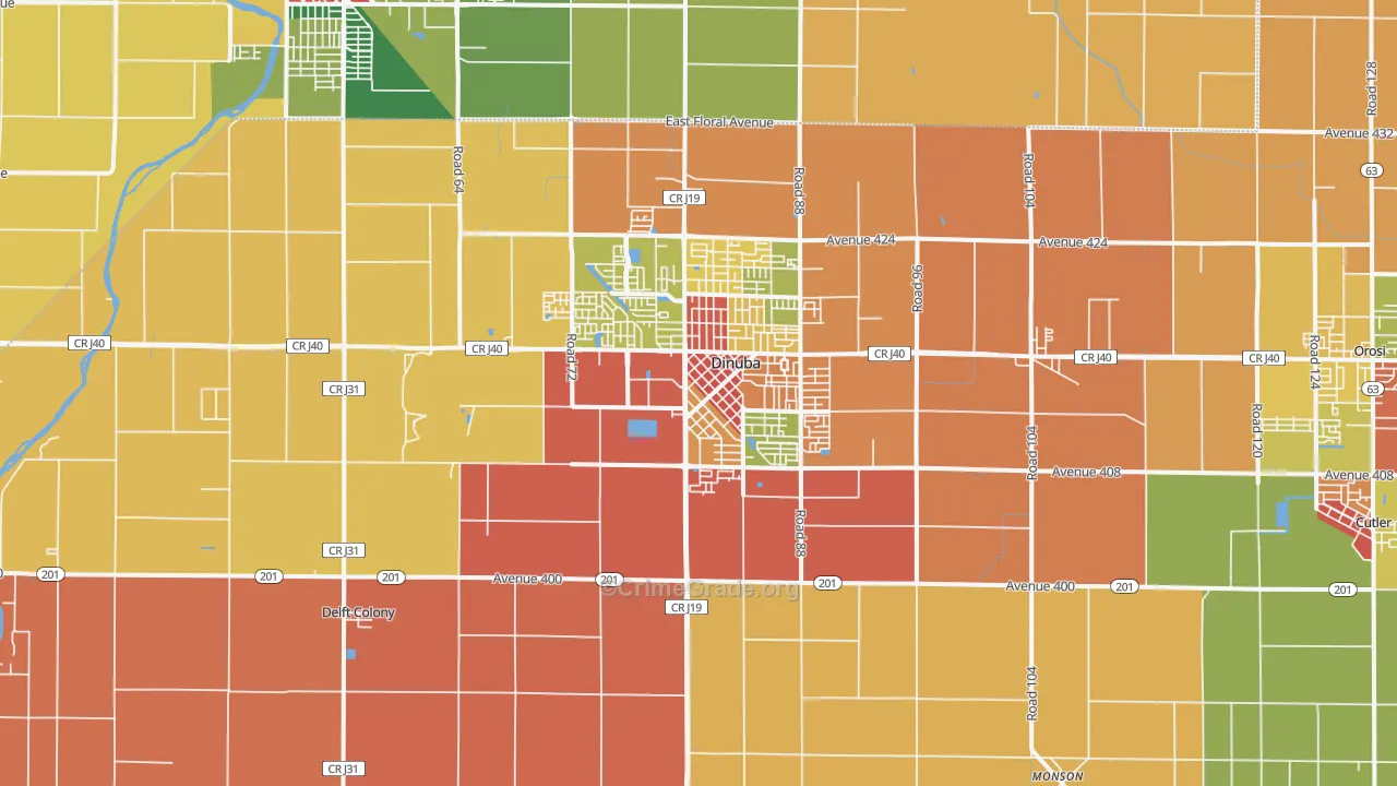 Dinuba, CA Map of Robbery Rates