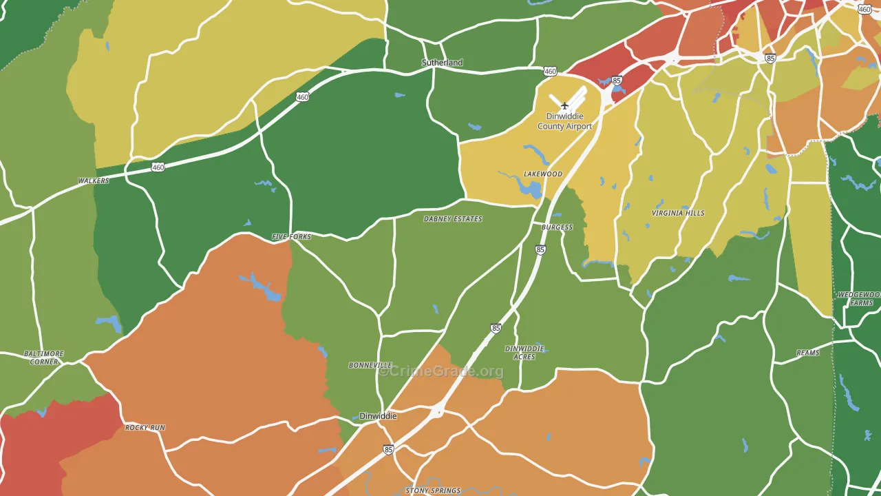 Dinwiddie County, VA Map of Robbery Rates