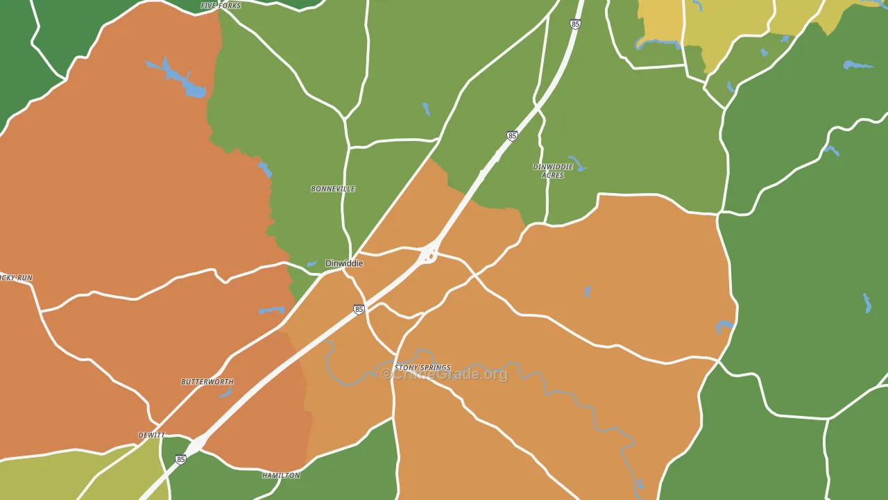 Dinwiddie, VA Map of Robbery Rates