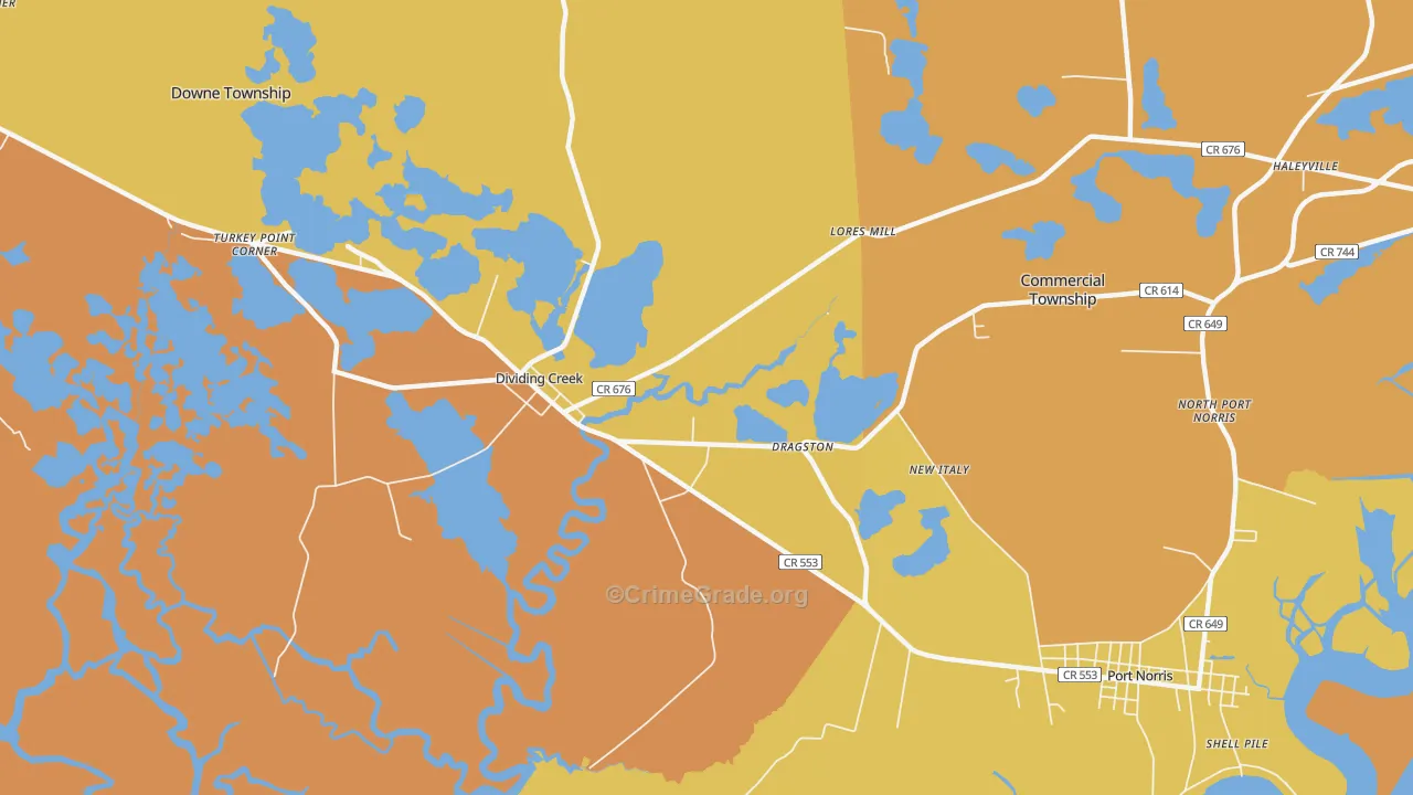 Dividing Creek, NJ Map of Robbery Rates