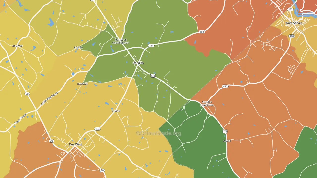 Donalds, SC Map of Robbery Rates