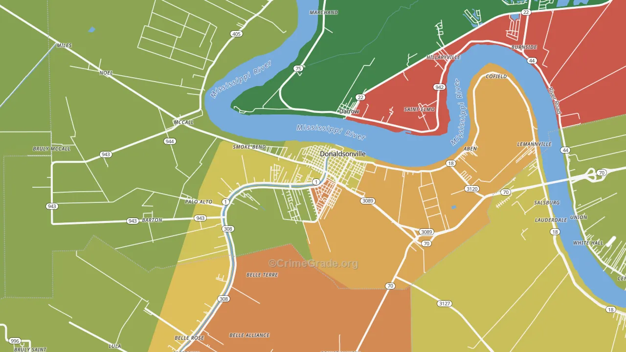 Donaldsonville, LA Map of Robbery Rates