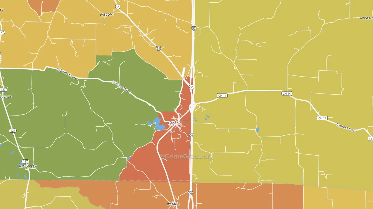 Dongola, IL Map of Robbery Rates