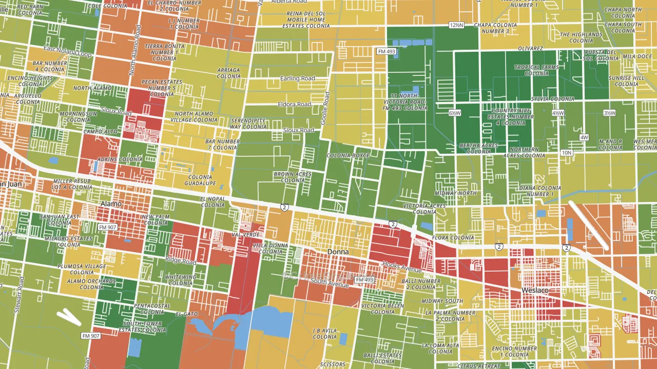 Donna, TX Map of Robbery Rates