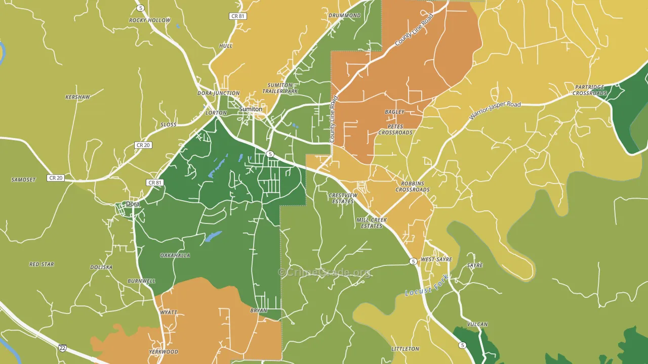 Dora, AL Map of Robbery Rates