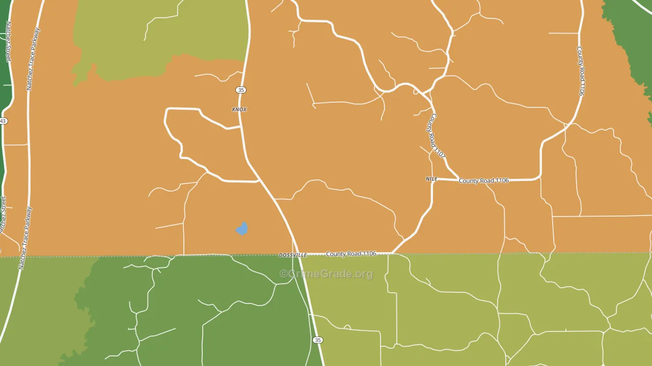 Dossville, MS Map of Robbery Rates