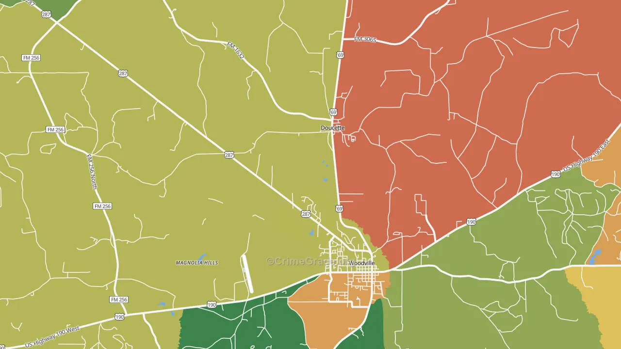 Doucette, TX Map of Robbery Rates