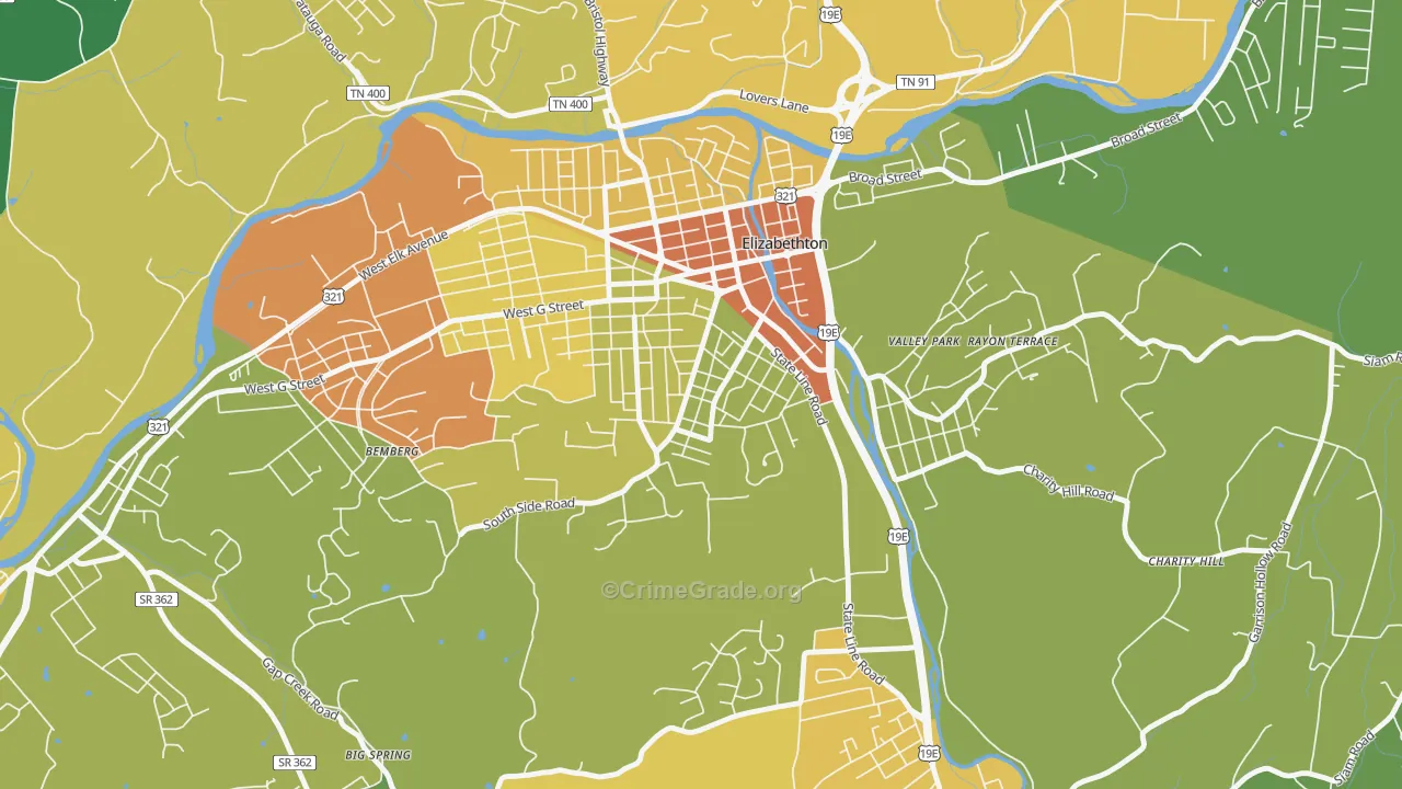 Douglas, Elizabethton, TN Map of Robbery Rates