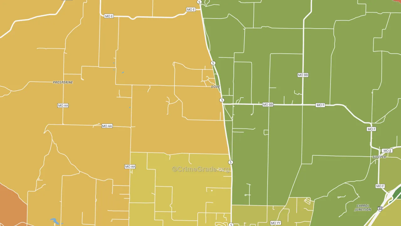 Dove, MO Map of Robbery Rates