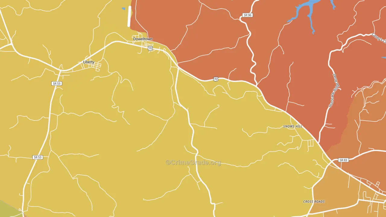 Dowelltown, TN Map of Robbery Rates