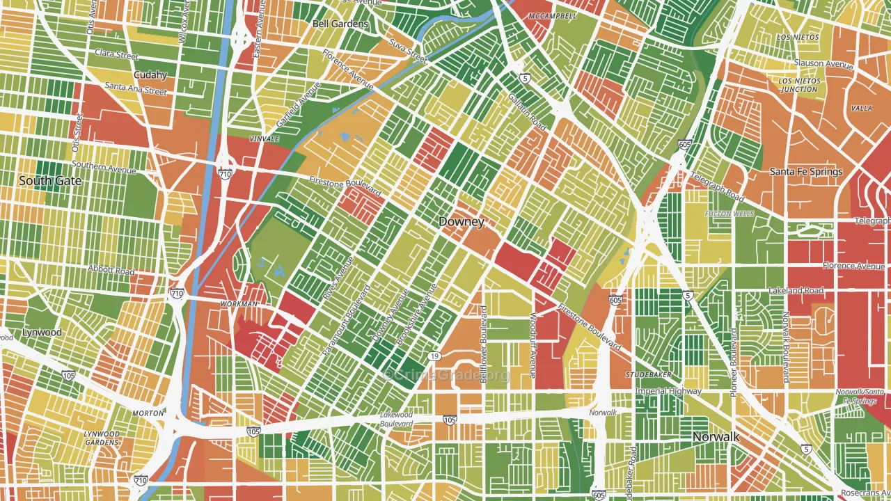 Downey, CA Map of Robbery Rates