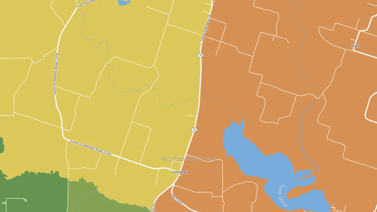 Downing, TX Map of Robbery Rates