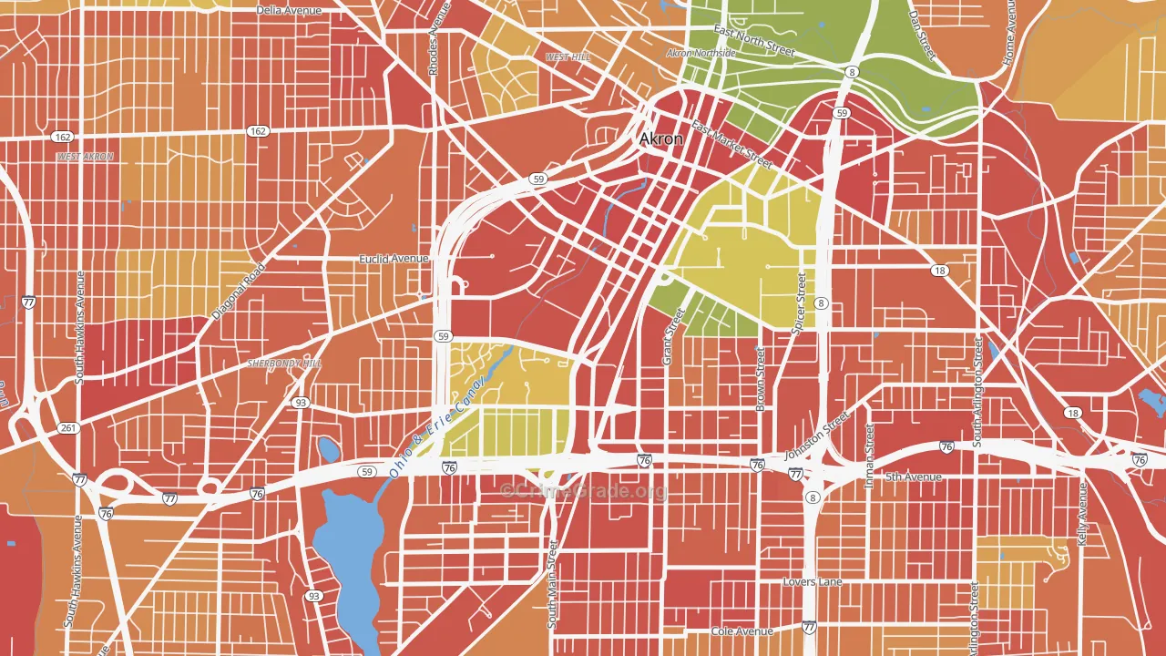 Downtown Akron, Akron, OH Map of Robbery Rates