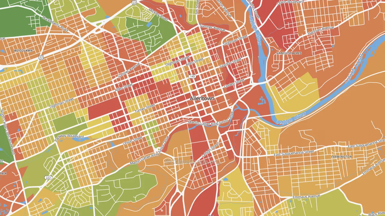 Downtown, Allentown, PA Map of Robbery Rates