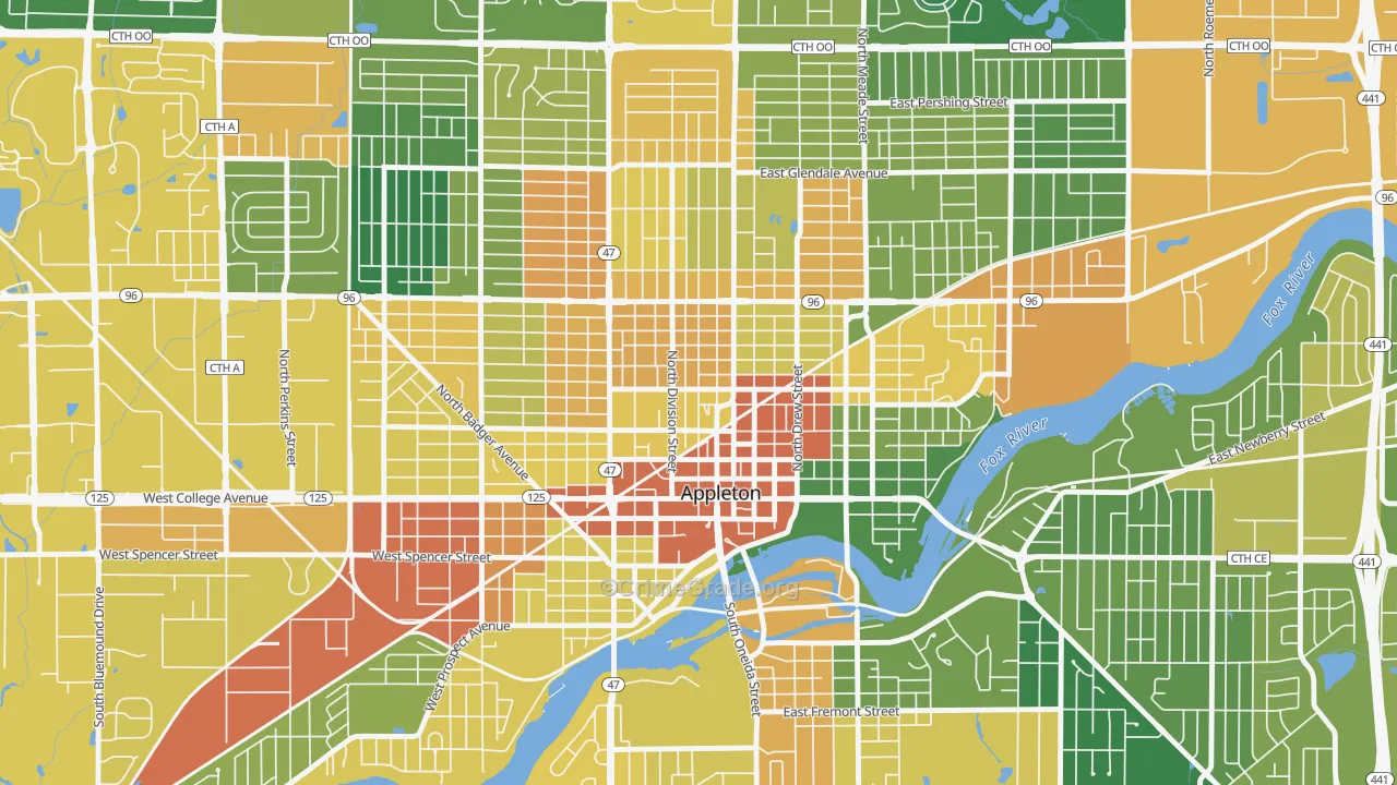 Downtown Appleton, Appleton, WI Map of Robbery Rates