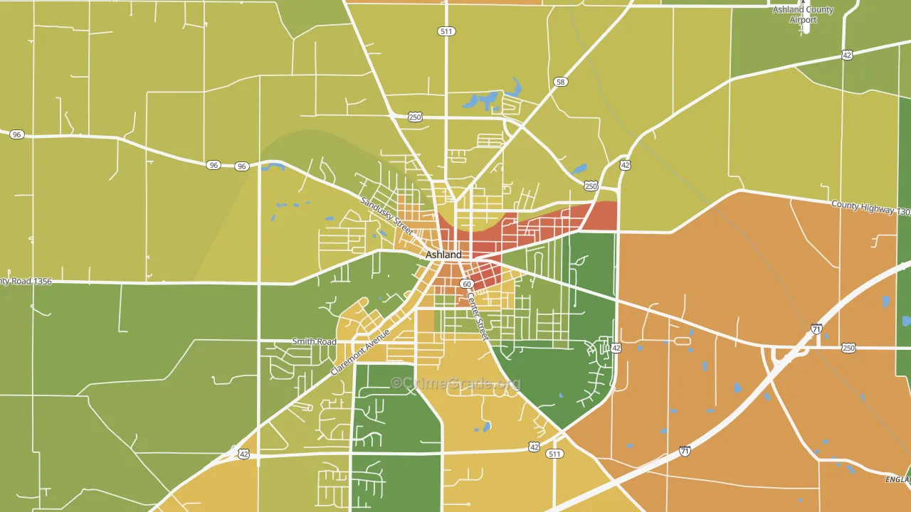 Downtown Ashland, Ashland, OH Map of Robbery Rates