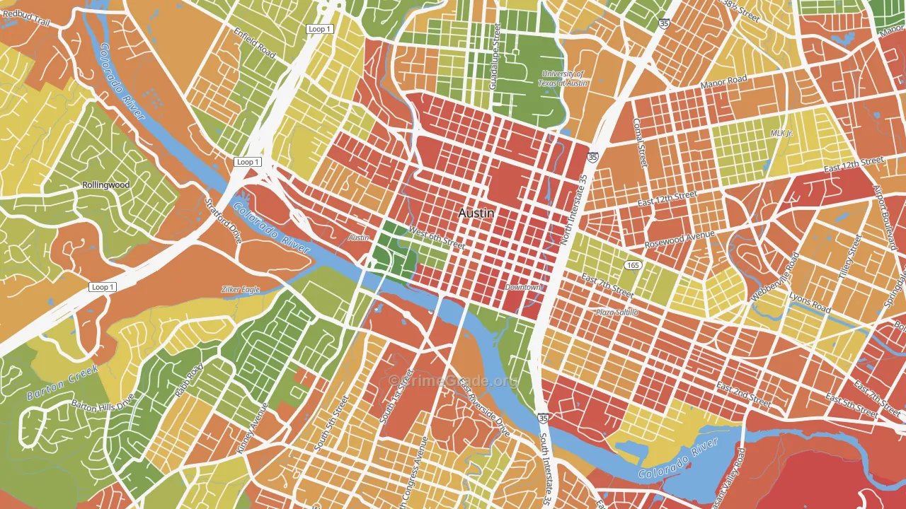 Downtown Austin, Austin, TX Map of Robbery Rates