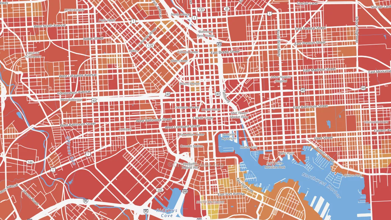 Downtown, Baltimore, MD Map of Robbery Rates