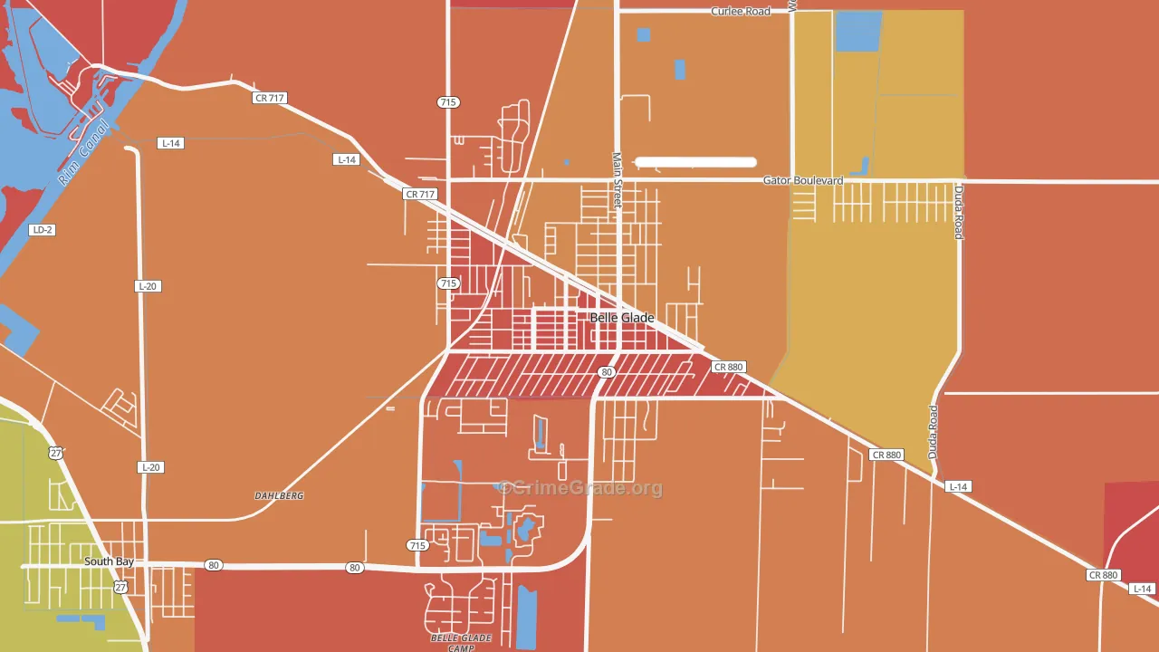 Downtown Belle Glade, Belle Glade, FL Map of Robbery Rates