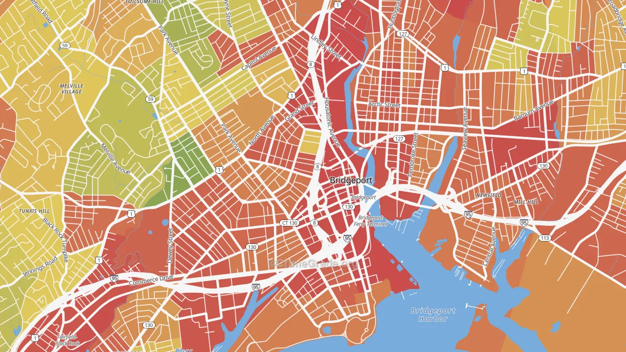 Downtown Bridgeport, Bridgeport, CT Map of Robbery Rates