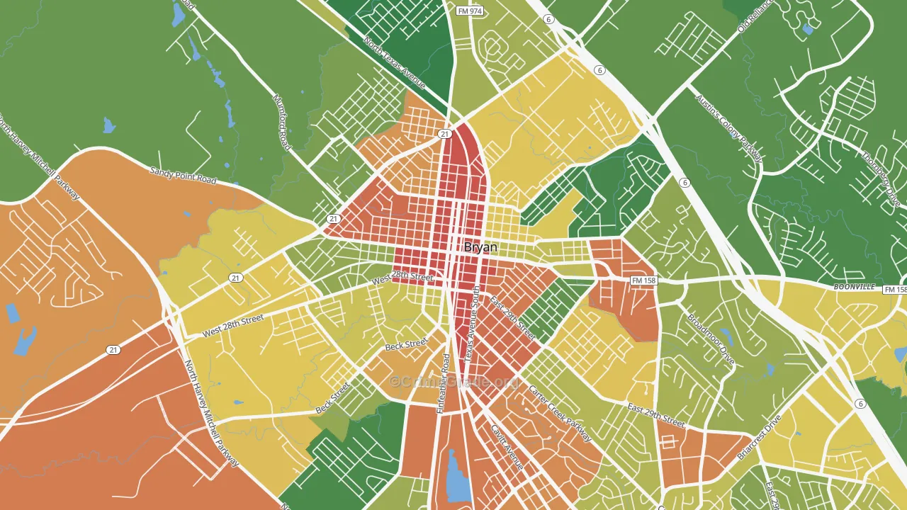 Downtown Bryan, Bryan, TX Map of Robbery Rates