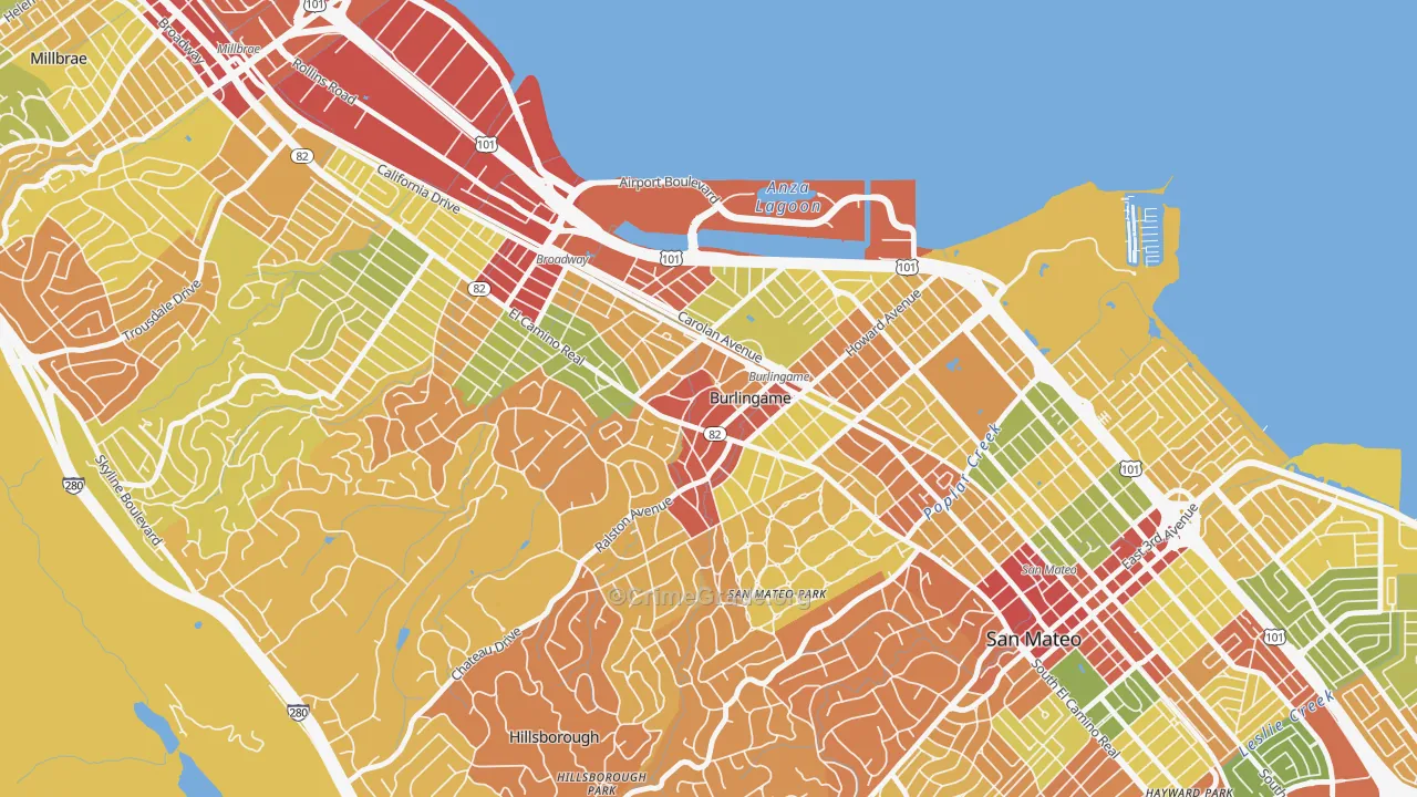 Downtown Burlingame, Burlingame, CA Map of Robbery Rates