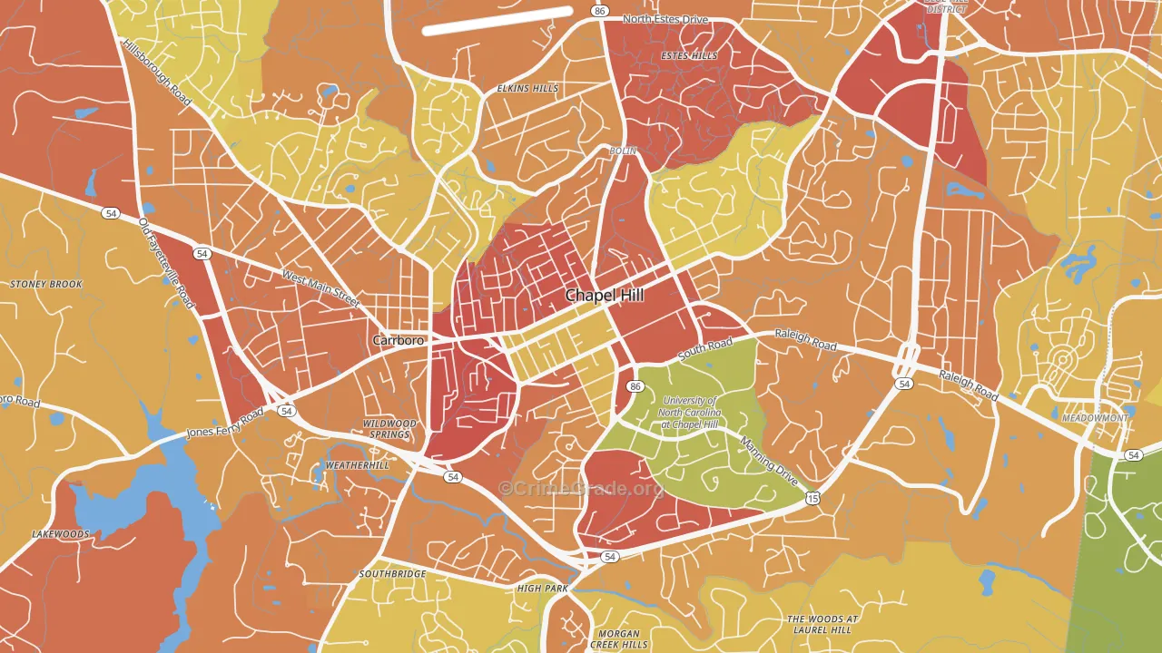 Downtown Chapel Hill, Chapel Hill, NC Map of Robbery Rates