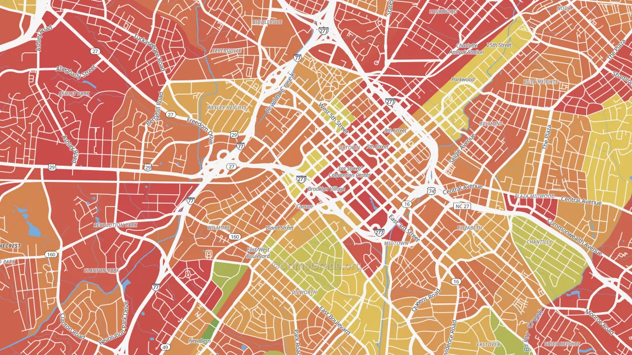 Downtown Charlotte, Charlotte, NC Map of Robbery Rates