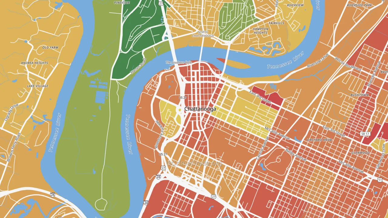 Downtown Chattanooga, Chattanooga, TN Map of Robbery Rates