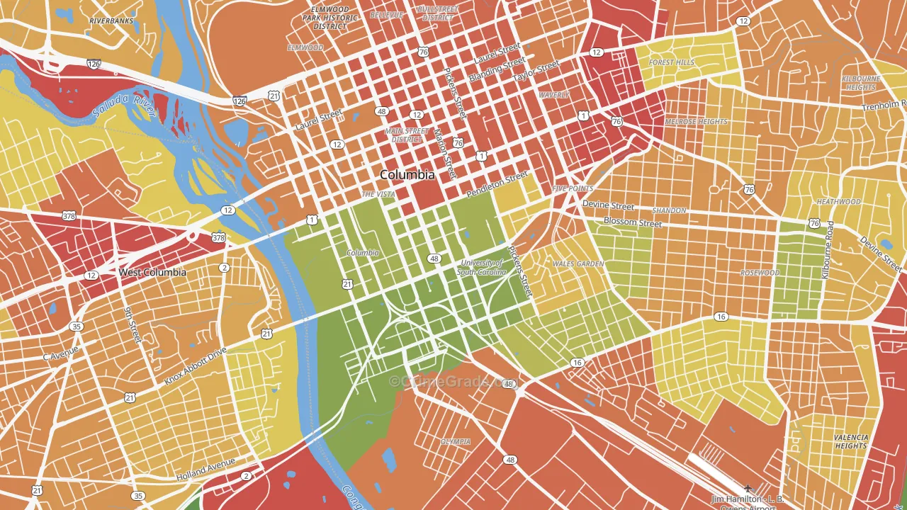 Downtown Columbia, Columbia, SC Map of Robbery Rates