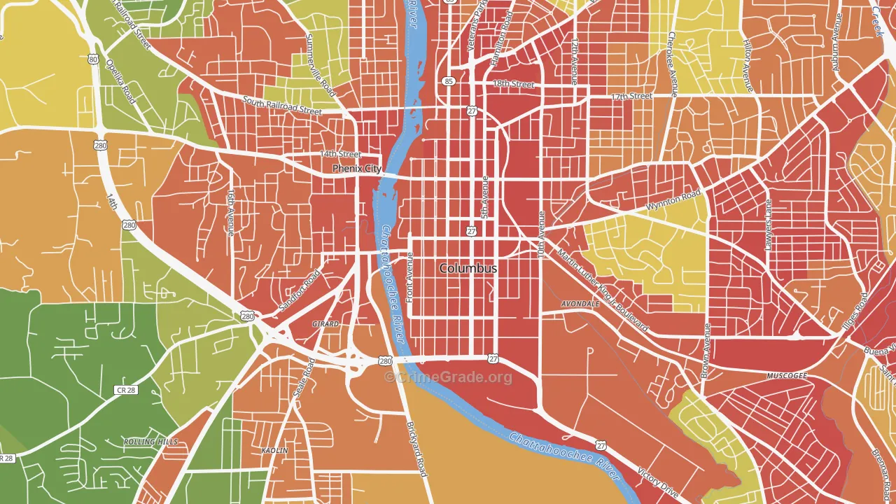 Downtown Columbus, Columbus, GA Map of Robbery Rates