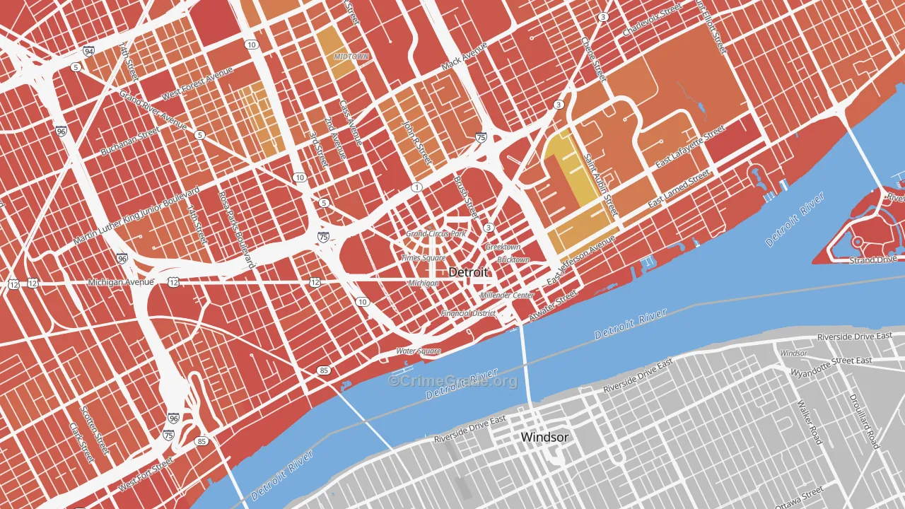 Downtown Detroit, Detroit, MI Map of Robbery Rates