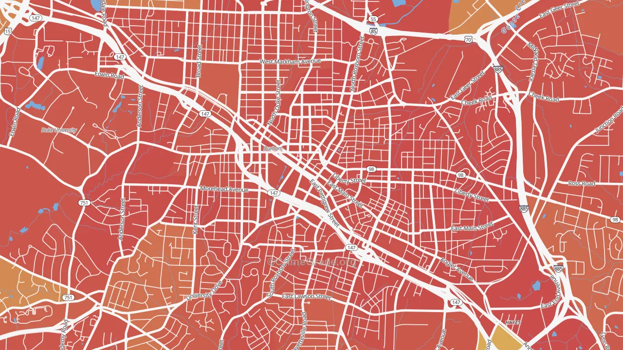 Downtown Durham, Durham, NC Map of Robbery Rates