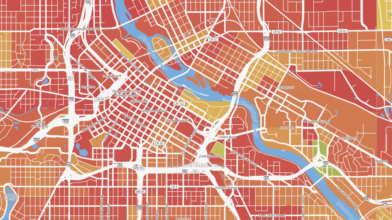 Downtown East, Minneapolis, MN Map of Robbery Rates