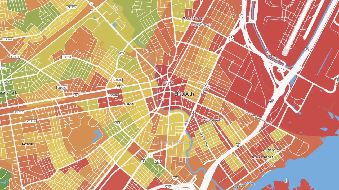 Downtown Elizabeth, Elizabeth, NJ Map of Robbery Rates