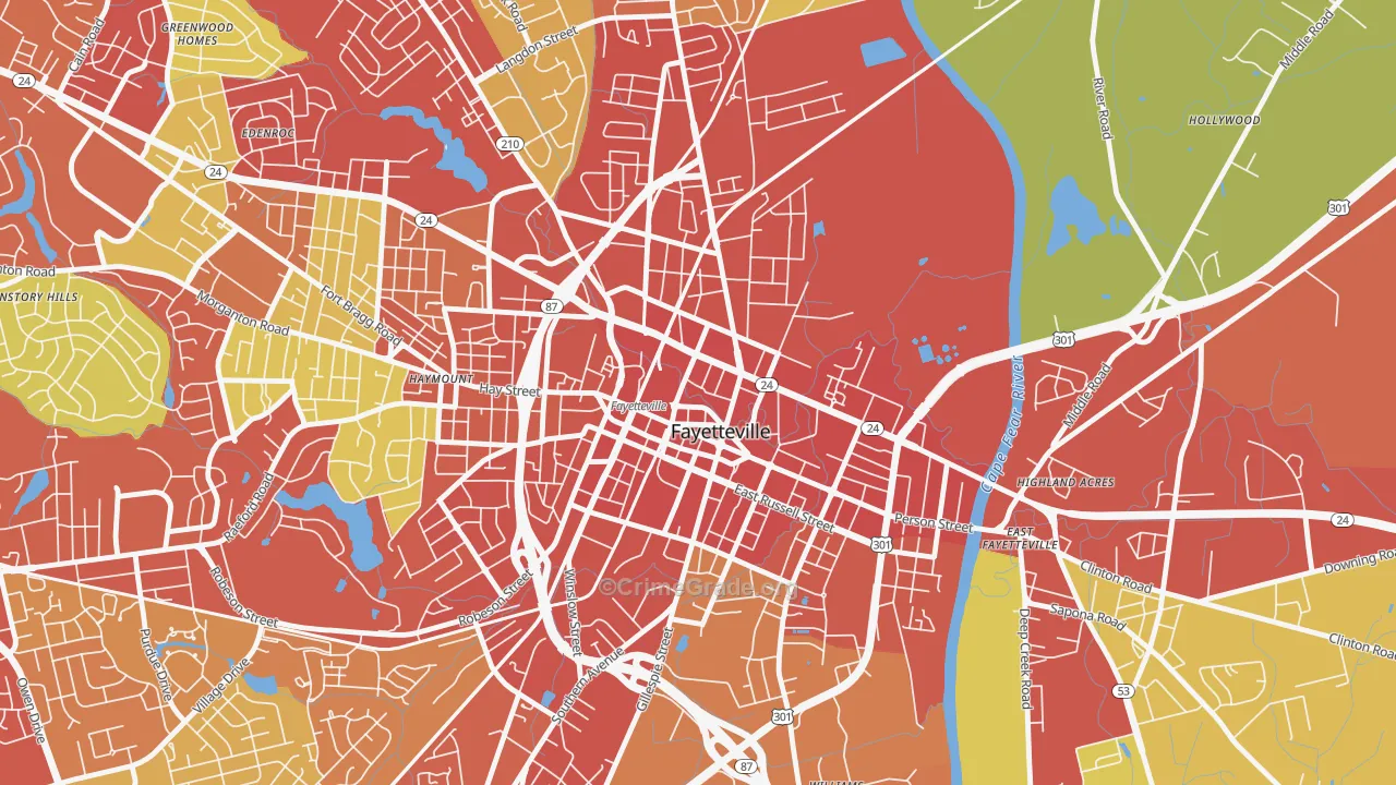 Downtown Fayetteville, Fayetteville, NC Map of Robbery Rates