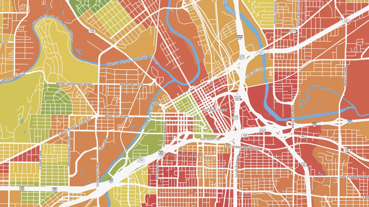 Downtown Fort Worth, Fort Worth, TX Map of Robbery Rates